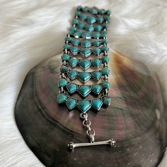 Lucky Brand turquoise and silver wide multitiered Cuff chain bracelet - Picture 6 of 12